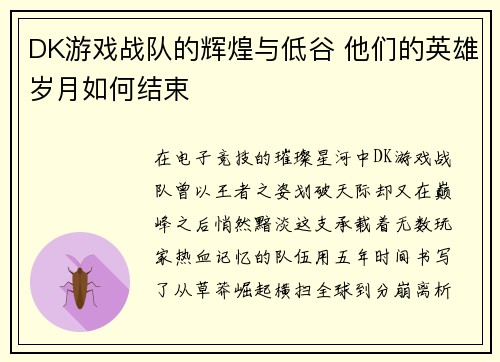 DK游戏战队的辉煌与低谷 他们的英雄岁月如何结束