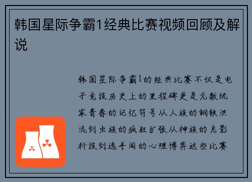 韩国星际争霸1经典比赛视频回顾及解说